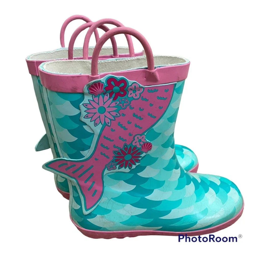 Pink and Mint Mermaid Lined Rain Boots